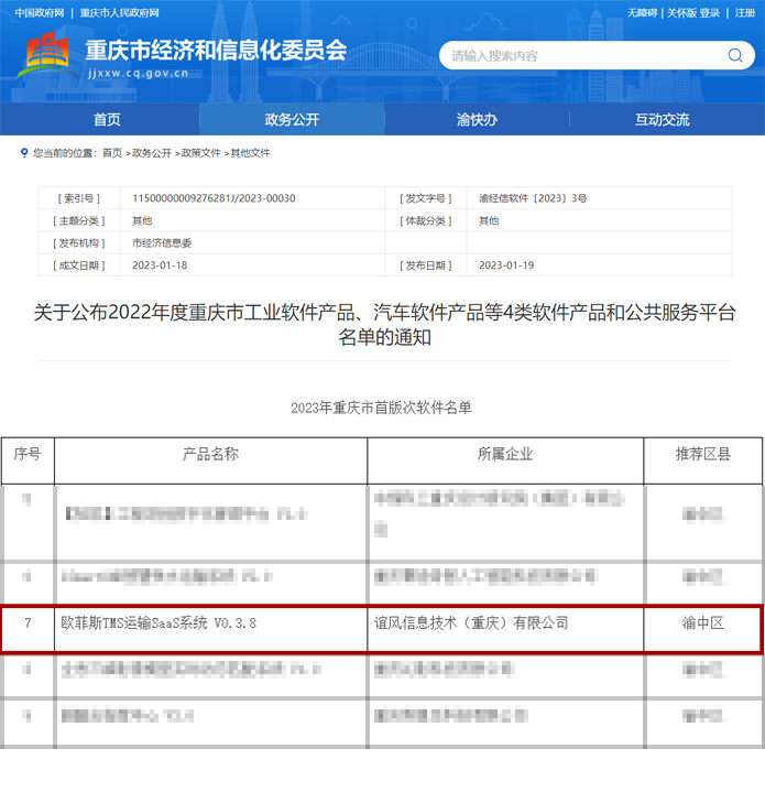 喜讯 | 欧菲斯tms运输saas系统入选“2023年重庆市首版次软件名单”！