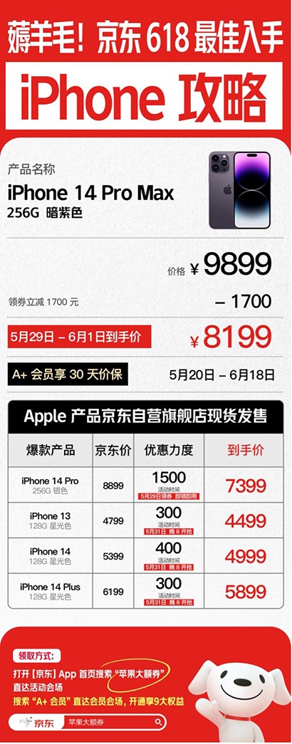 618买apple首选京东 iphone 14 pro max领券立减1700元