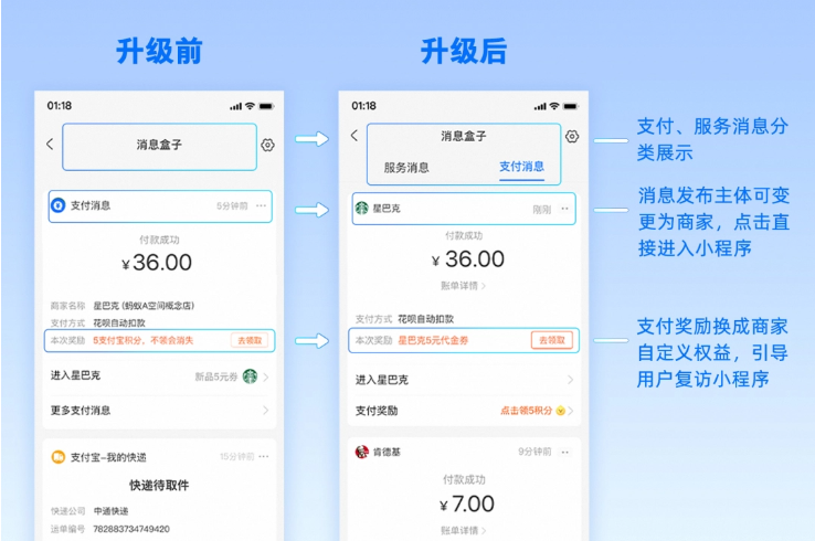 支付宝 app 凯发k8国际手机app下载首页消息盒子开放升级，可分类查看支付、服务消息